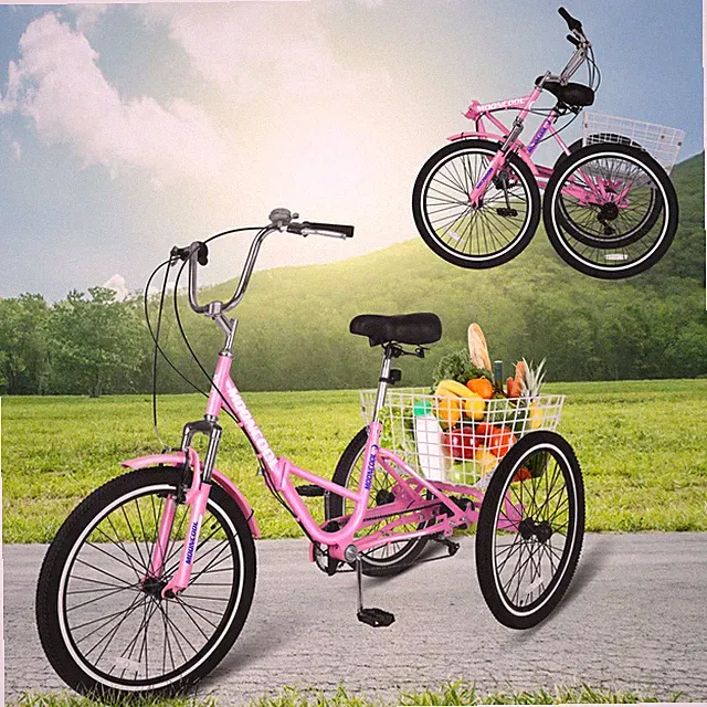 20/24/26" Foldable Adult Tricycle 7Speed 3-Wheel Folding Trike w/shipping Basket