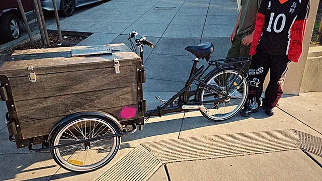 Custom-Built Cargo Bike Black Steel Frame Large Wooden Box Rear Rack Flat Bar