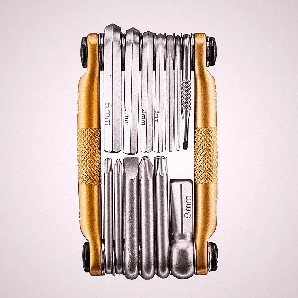 Gold Bicycle Multi-Tool with Tire Plug Kit - 13 High-Tensile Steel Components &